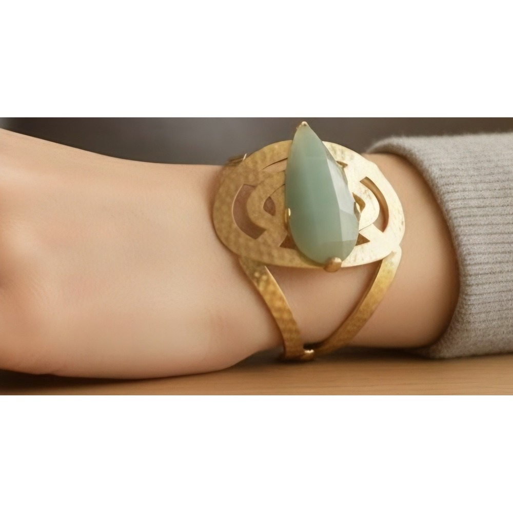 Anthropologie Gold Cuff Bracelet Teardrop Stone Statement Bangle western Boho